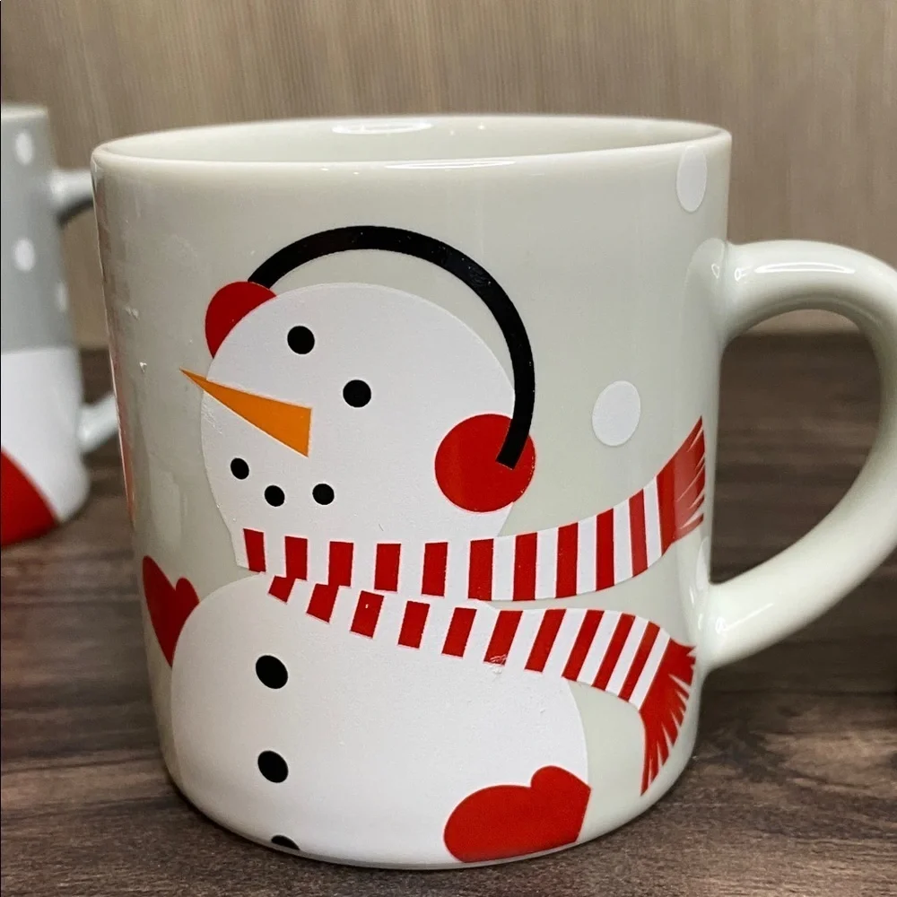 Crate & Barrell Festive Bear and Snowman Mug Set. Set of 4. Small. 8 ounce.